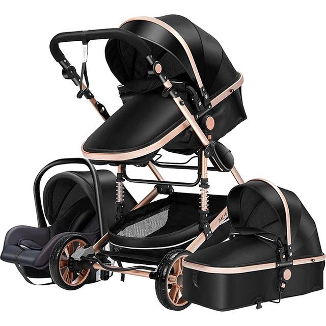 Modulära resesystem Barnvagn 3 i 1 bärbar resevagn fällbar babyvagnar aluminiumram hög liggande bil för nyfödd babyboomer poussette (Svart)