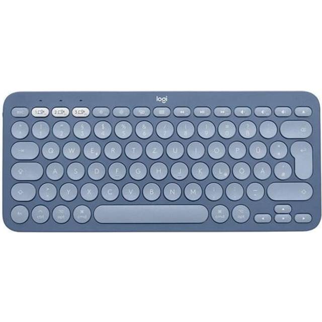 Logitech K380 Multi-Device Bluetooth-tangentbord för Mac, enkel växling mellan 3 enheter, Scissor-knappar, 2 års batteri, macOS/iOs/iPadOS, tysk QWERTZ-layout, blå.