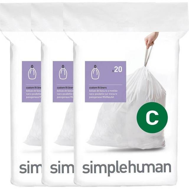 Simplehuman Code C Liners, Pack Of 60 Liners, 50% Recycled Custom Fit Bin Bags, 10-12L, White