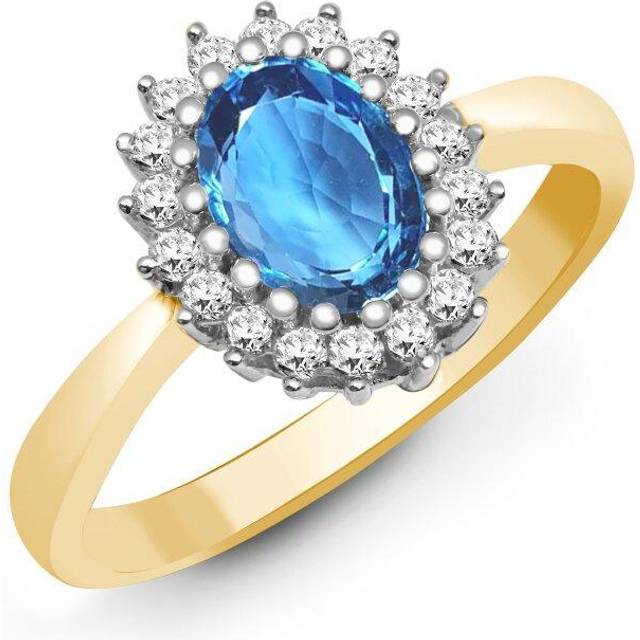 (U) Jewelco London 9ct Yellow Gold Cluster Set H I1 0.12ct Diamond and Oval Blue 0.57ct Topaz Classic Royal Cluster Ring 9mm