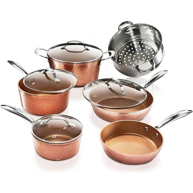 Gotham Steel Hammered Collection  10 Piece Premium Cookware Set with Triple Coated Nonstick Copper Surface, Oven, Stovetop & Dishwasher Safe