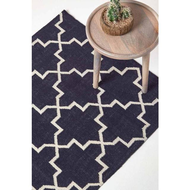 Edmonton Navy Blue and White 100% Cotton Geometric Pattern Kilim Rug, 160 x 230 cm