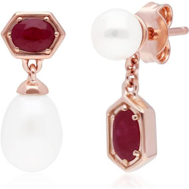 Modern Pearl & Ruby Mismatched Drop Earrings in Rose Gold Plated Sterling Silver - White