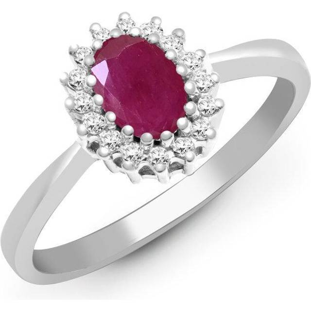 (N) Jewelco London 9ct White Gold Cluster Set H I2 0.12ct Diamond and Oval Red 0.6ct Ruby Classic Royal Cluster Ring 9mm