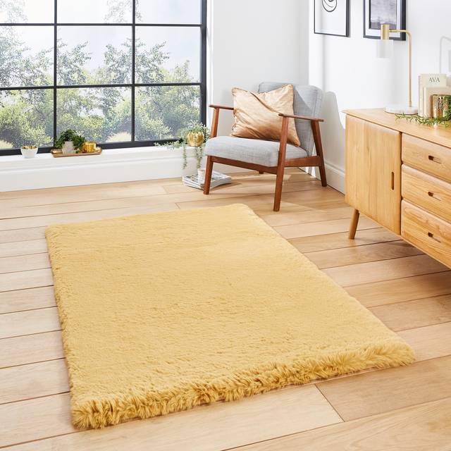 Think Rugs Super Teddy Mustard Rectangle 150 x 230cm Polyester Plain Shaggy, Yellow