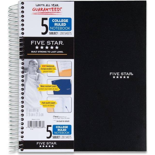 "Five Star Spiral Notebook + Study App  5 Subject  College Ruled Paper  Fights Ink Bleed  Water Resistant Cover  8-1/2"""" x 11""""  200 Sheets"