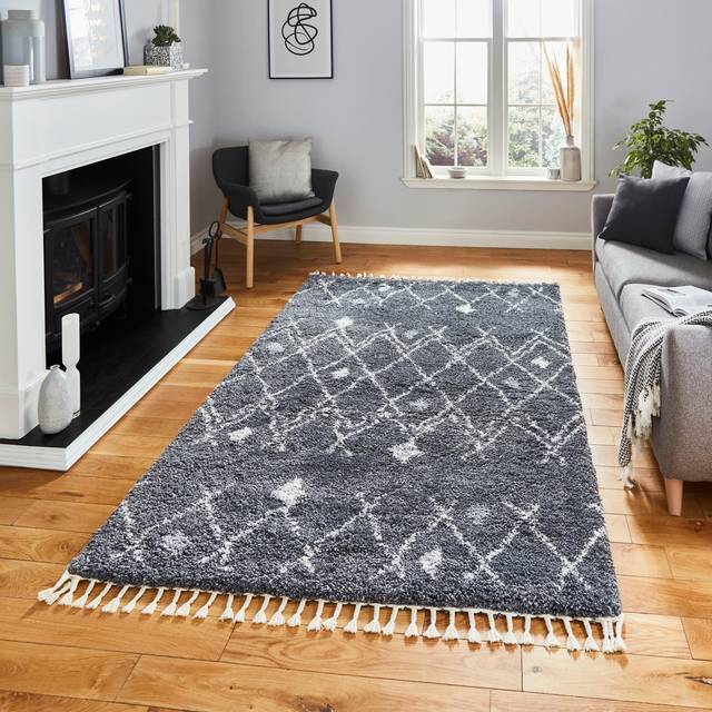 (Nordic - Grey, 160 x 220 cm) Tribal Shaggy Rug Scandi Living Room Bedroom Rugs Geometric Berber Style Nordic Shaggy Rugs Fringe Thick 5cm Pile Mat