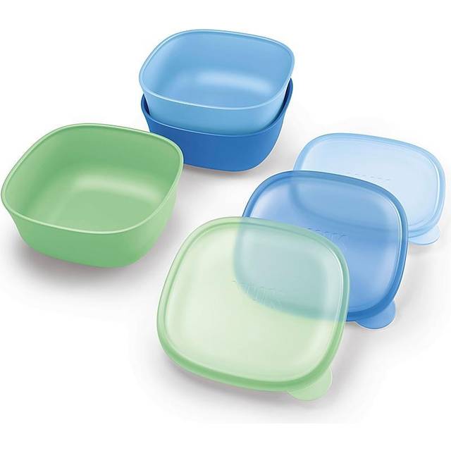 NUK, stacking bowls, 4+ months, blue and green, 3 bowls + 3 lids