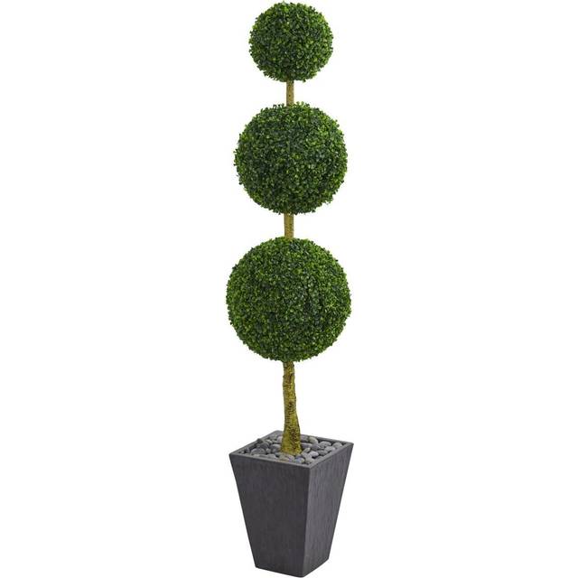 6 Boxwood Triple Ball Topiary Artificial Tree in Slate Planter UV Resistant (Indoor/Outdoor)