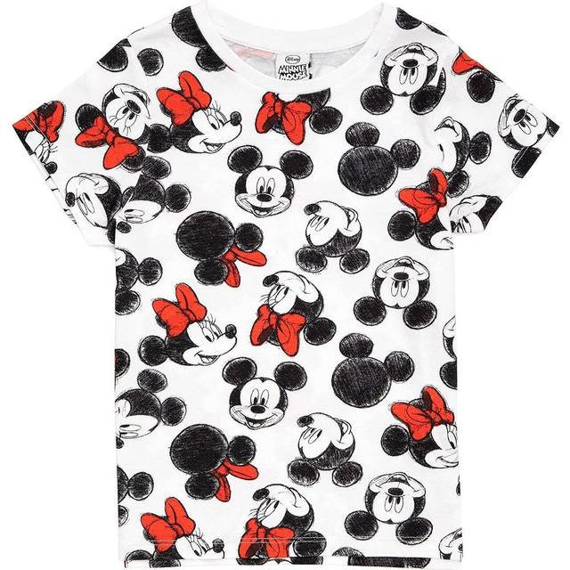 (7-8 Years, White/Black/Red) Disney Girls Mickey & Minnie Mouse All-Over Print T-Shirt