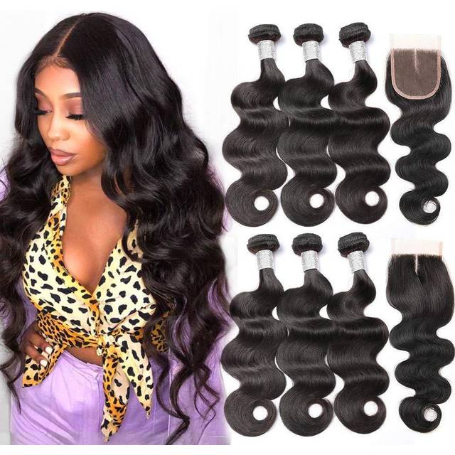 Beauty Princess Body Wave Human Hair 3 Bundles with Closure Double Weft 10A Brazilian Hair Bundles With Closure(16/18/20+14 Inch  3 Bundles with closu