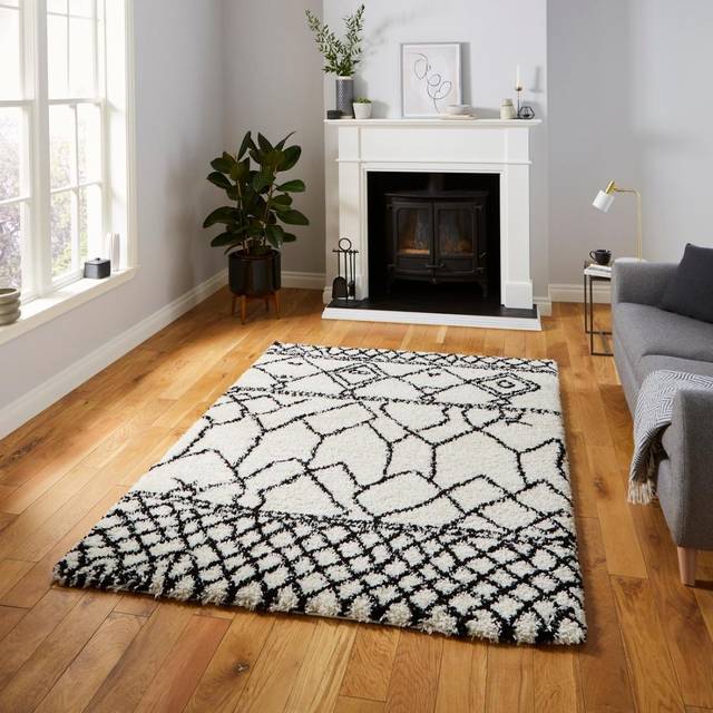 (G276 White/Black, 120 x 170 cm) Moroccan Berber Soft Shaggy Rugs Nordic Scandi Tribal Rug Shag 4cm Thick Pile Soft Fluffy Warm Carpet Mat Small Mediu