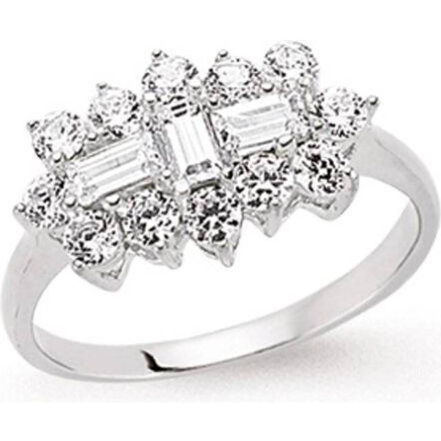 (L) Jewelco London Ladies Rhodium Plated Sterling Silver Baguette Cubic Zirconia Trilogy Boat Cluster Engagement Ring