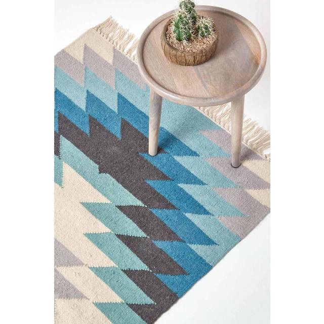 Helsinki Handwoven Geometric Pattern Blue Grey and Cream Kilim Wool Rug, 120 x 170 cm