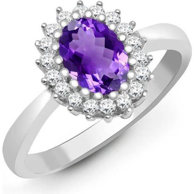 (J) Jewelco London 9ct White Gold H I2 0.23ct Diamond and Oval Purple 0.7ct Amethyst Classic Royal Cluster Ring 11mm