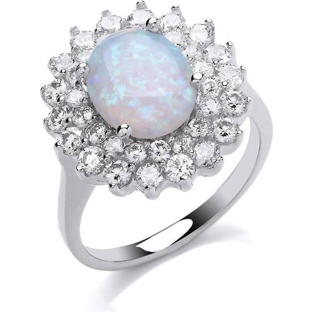 (N) Jewelco London Ladies Rhodium Plated Sterling Silver oval opal Royal Cluster Cluster Ring