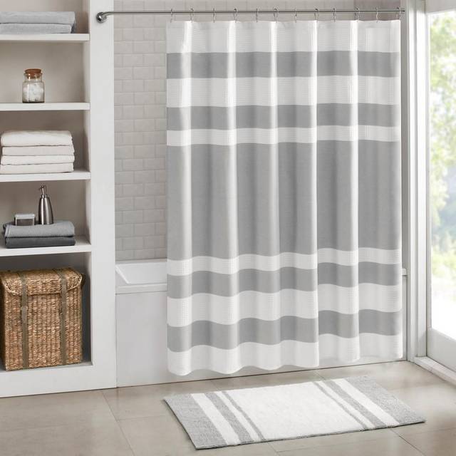 Madison Park duschdraperi våffelväv randig design tyg duschdraperi med 3 m Scotchgard fukthantering premium spa-kvalitet moderna duschdraperier för badrumsbås 137 cm x 198 cm grå