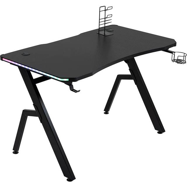 HOMCOM Ergonomic Gaming Desk with Hook Cup Holder LED & Cable Management, White