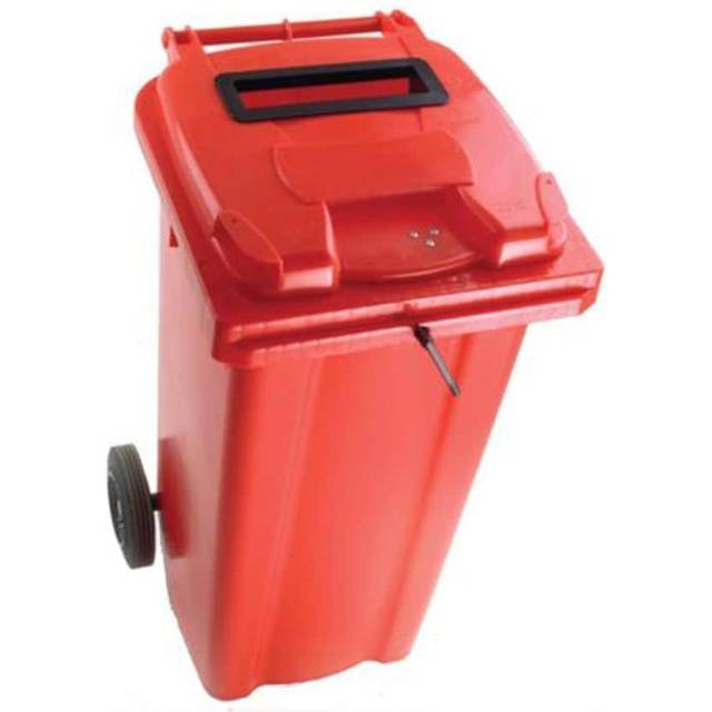 120L Wheelie Bin with Confidential Waste Paper Slot on Lid with Lock - Red