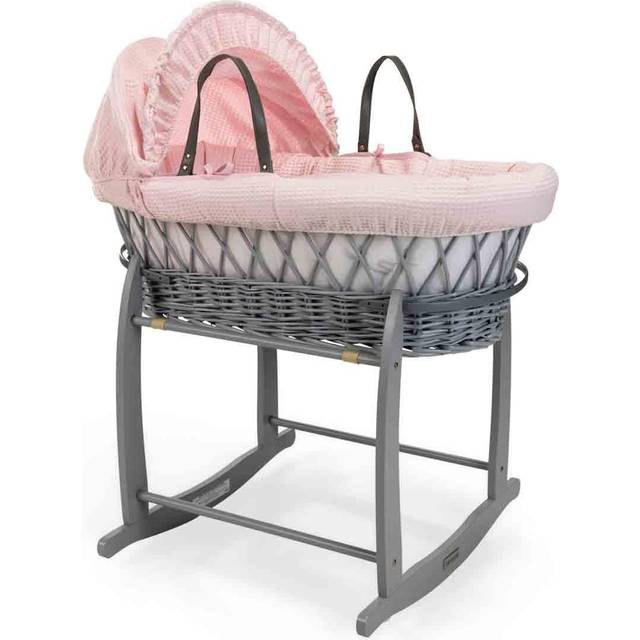 Clair de Lune Waffle Grey Wicker Moses Basket in Grey & Grey Deluxe Rocking Stand - Grey, Grey