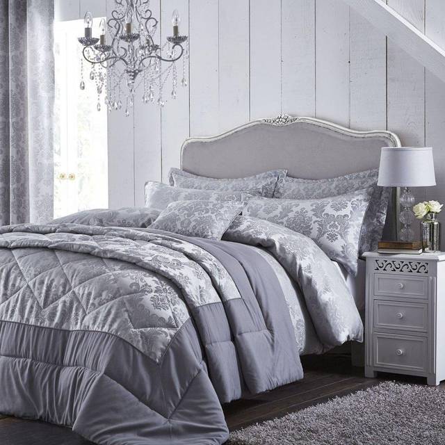 Catherine Lansfield Damask Jacquard King Duvet Set Silver