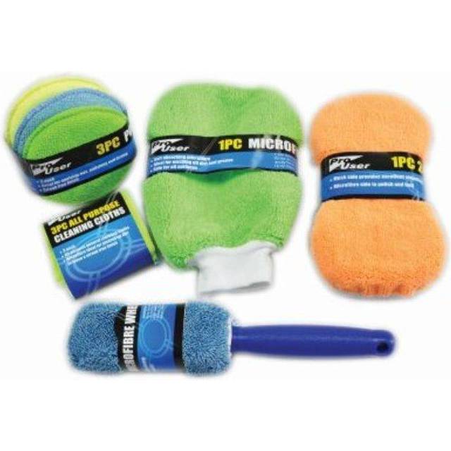 9 Piece Microfibre Car Cleaning Kit Cloths Pads Glove Sponge Wheel Brush