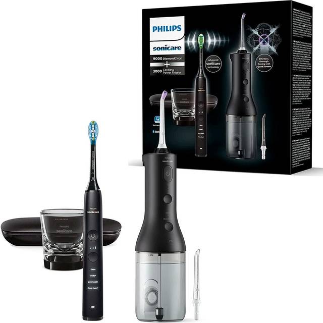 Philips Sonicare Cordless Power Flosser DiamondClean 9000 mundusch och eltandborste – för att borsta tänderna, rengöra tandköttet och ta bort plack, i svart (modell HX3866/43)