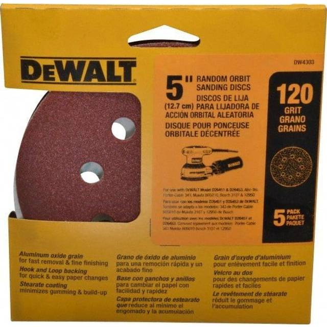 DEWALT DW4303 5-Inch 8-Hole 120-Grit Hook-and-Loop Random Orbit Sandpaper (5-Pack)