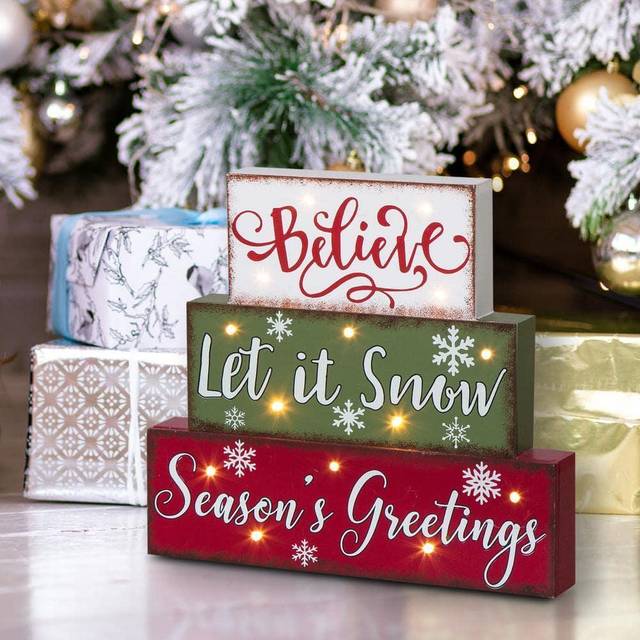 Glitzhome Wooden Block Sign  Christmas Table Decorative Signage  Believe Let It Snow Season's Greetings  11.81 x 1.57 x 10.59 inches  MDF  Farmhouse W