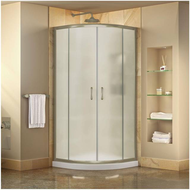 Organization DL-6703-04FR 38 x 74.75 in. DreamLine Prime Semi-Frameless Frosted Glass Sliding Shower Enclosure in Brushed Nickel with White Base Kit