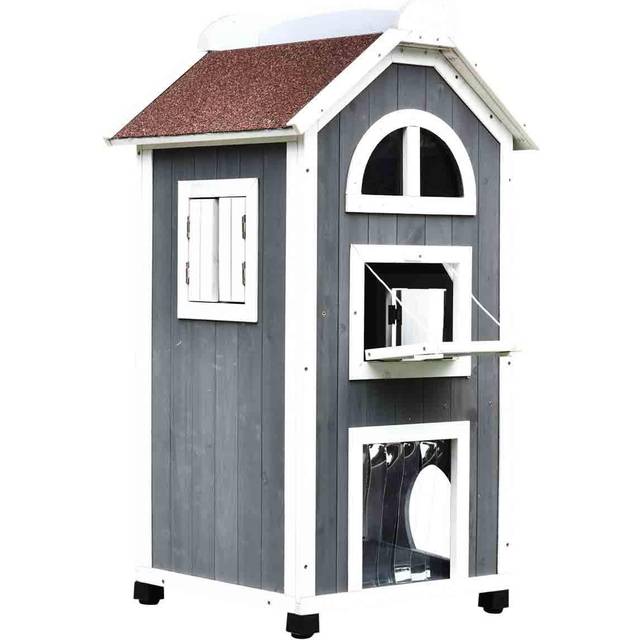 PawHut Wooden Cat House Condos Cat Cave 2 Floor Pet Shelter Outdoor Furniture | TJ Hughes