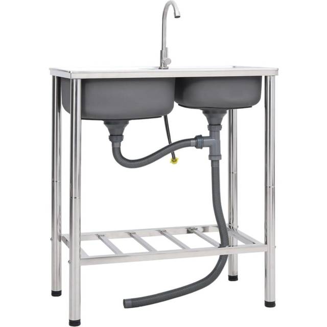 vidaXL Camping Sink Double Basins with Tap Stainless Steel - Silver