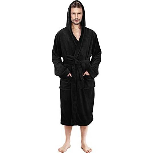 NY Threads Mens Hooded Fleece Bathrobe Plush Long Spa Robe  Small-Medium  Burgundy Black