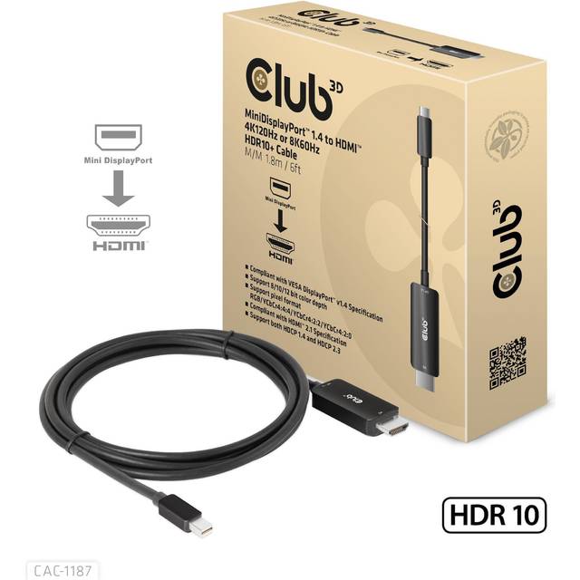 Club 3D CAC-1187 - Adapterkabel - Mini DisplayPort han til HDMI han - 1.8 m - 8K60 Hz (7680 x 4320) support, 4K120 Hz (3840 x 2160) support