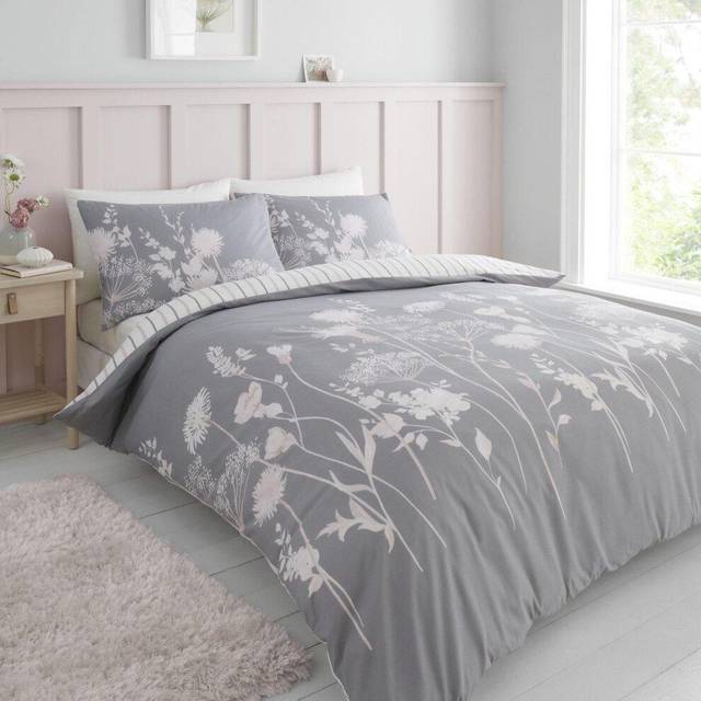 Meadowsweet Floral Reversible Duvet Cover Set with Pillowcases - Grey (King Duvet Cover + 2 Standard Pillowcases)