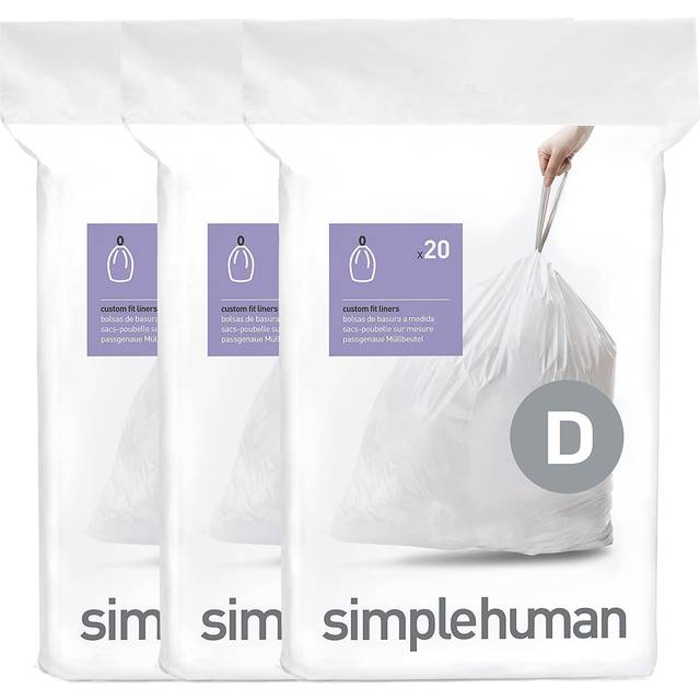 Simplehuman Code D Liners, Pack Of 60 Liners, 50% Recycled Custom Fit Bin Bags, 20L, White