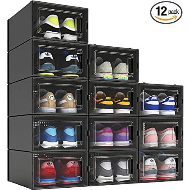 MELDEVO 12 Pack Shoe Organizer Boxes  Black Plastic Stackable Shoe Storage Bins For Closet  Space Saving Shoe Holder Sneaker Display Case for Medium S