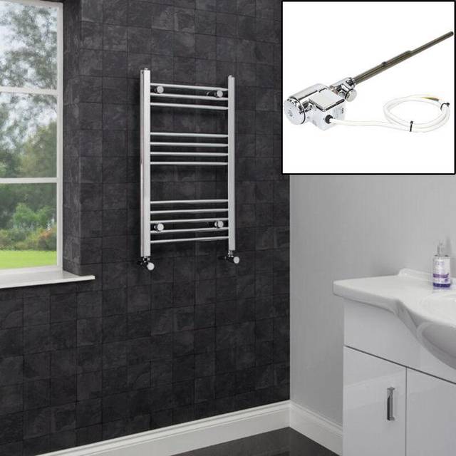 Duratherm - Dual Fuel Heated Towel Rail Chrome Thermostatic Designer Flat Straight Electric 750 x 450mm