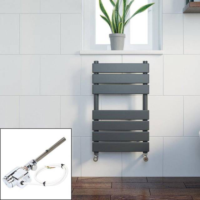 Duratherm - Anthracite Flat Panel Thermostatic Heated Towel Rail Electric Dual Fuel 650 x 400mm