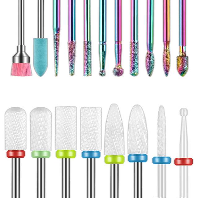 19pcs Nail Drill Bits Sets, 3/32 Inch Diamond Cuticle Electric Nail File and Ceramic Acrylic Gel Nail Bit Kit, Acrylic Nail Art Tools, Carbide Cuticle
