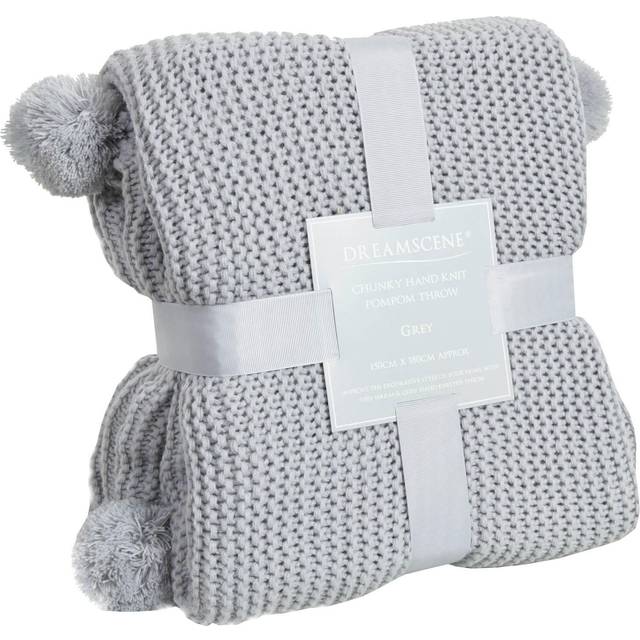 Dreamscene Chunky Knit Throw Large Pom Pom Sofa Blanket - Silver