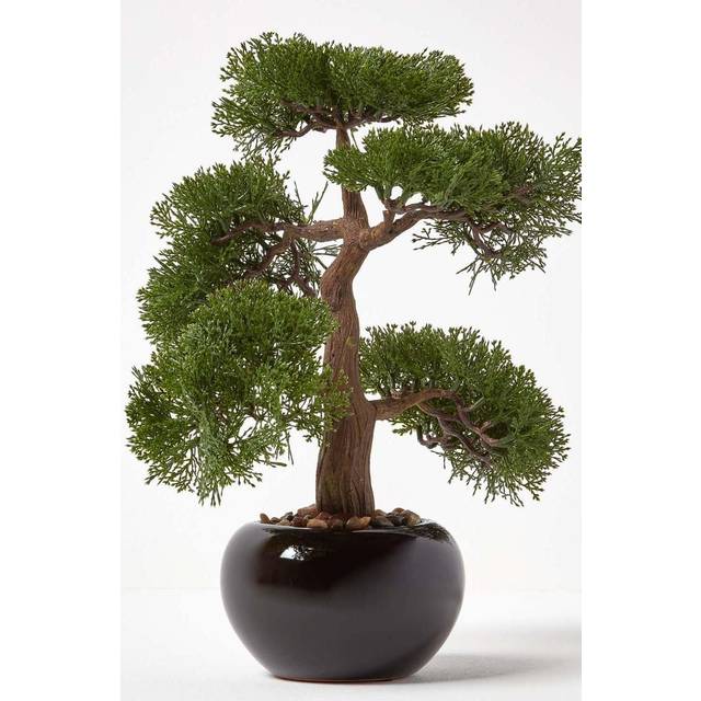 Large Lifelike Oriental Bonsai Tree In Black Ceramic Pot, 40cm Tall - Green