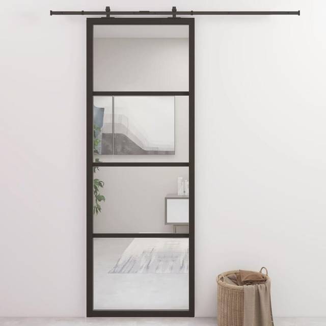 vidaXL Sliding Door Aluminium and ESG Glass 76x205 cm Black