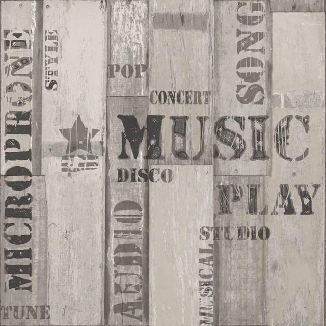 Noordw& Wallpaper Urban Friends & Coffee Wooden Planks Words Grey & Black