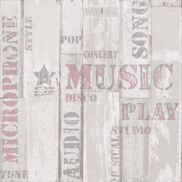 Urban Friends&coffee - Wallpaper Wooden Planks Words Beige and Pink Noordwand