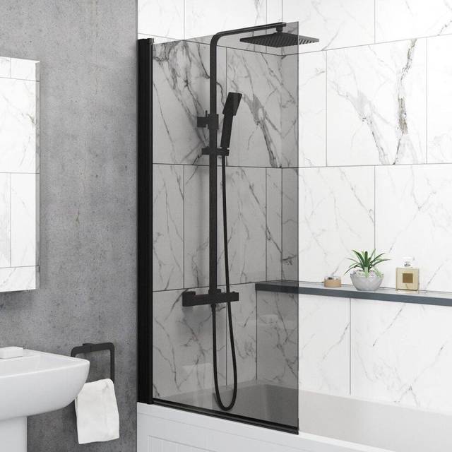 Over bath shower screen door 800mm frameless black square 6mm safety glass panel