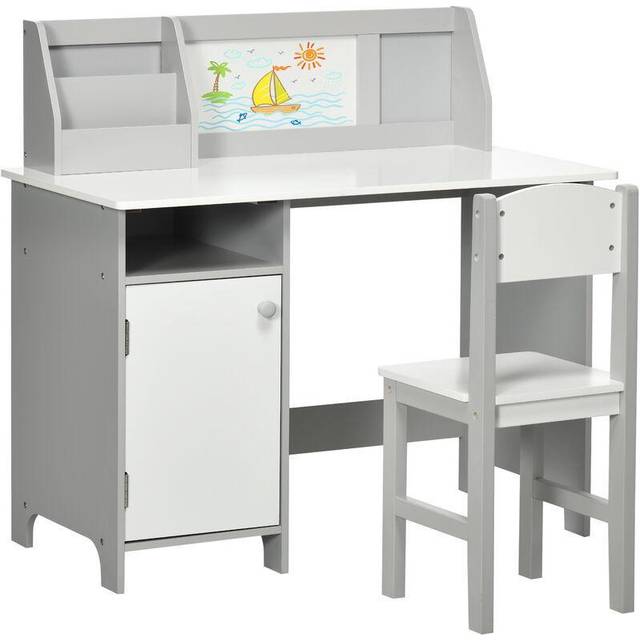 HOMCOM 2 PCs Childrens Table and Chair Set w/ Whiteboard Storage - Grey | TJ Hughes