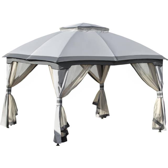 Outsunny 3.7 x 3(m) Metal Gazebo Canopy Party Tent Garden Patio Shelter with Netting Sidewalls & Double Tiered Roof, Grey