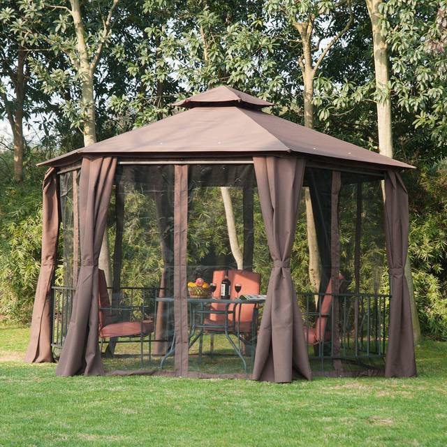Outsunny Waterproof Hexagon Gazebo Patio Canopy Party Tent Outdoor Garden Shelter w/ 2 Tier Roof & Side Panel - Brown Aosom UK