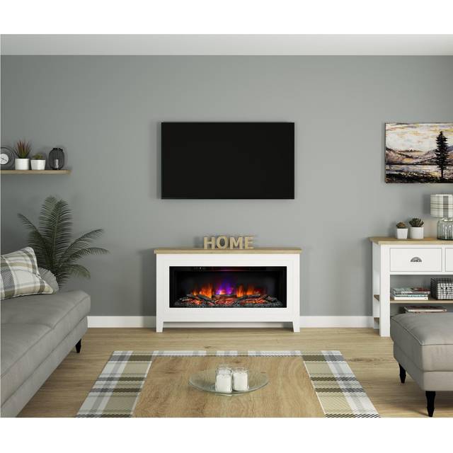 Be Modern Poulton Ash White and Chalet Oak Timber Electric Suite Console Unit 50 inch - 70.4 x 127 x 19.5cm